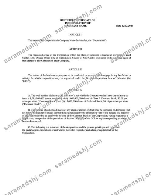 USA Delaware certificate of incorporation Word and PDF template, version 2